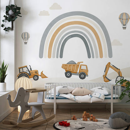 Kids-Mundo construction site mural styled on a feature wall in a kids bedroom