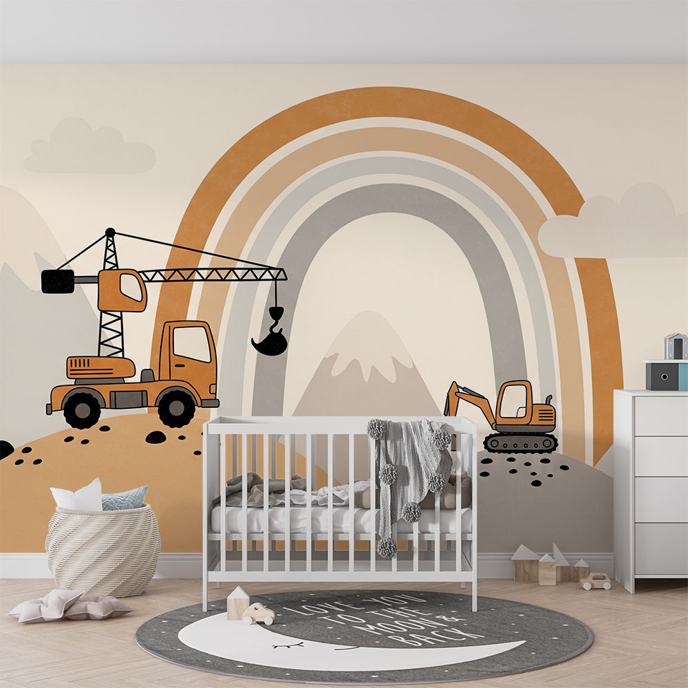 Kids-Mundo construction truck and rainbow mural, printed made to measure for a child's bedroom wall.