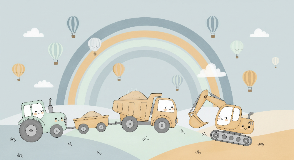 Kids-Mundo flat artwork of a rainbow with a tractor, dump truck, excavator and balloons