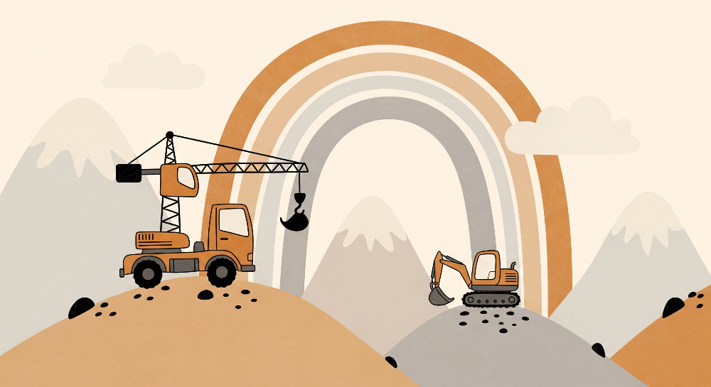 Construction Trucks Under a Rainbow Wall Mural