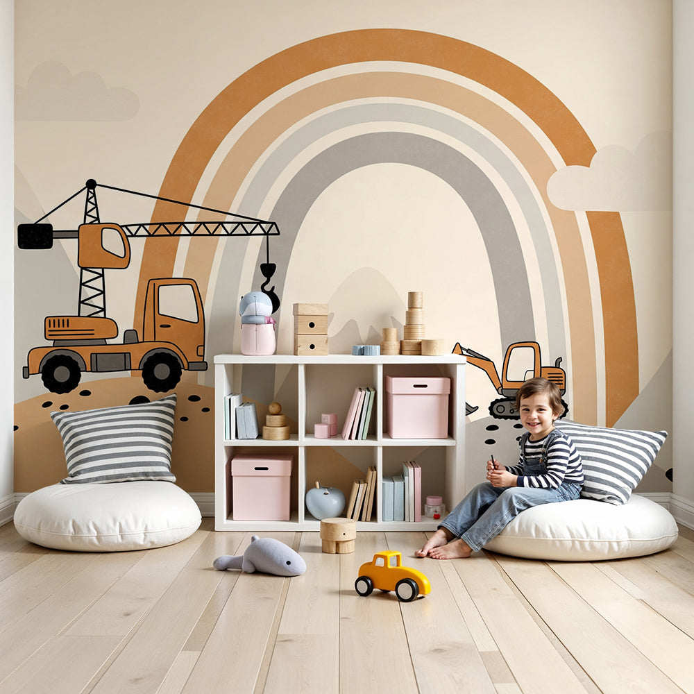 Kids-Mundo rainbow construction wall mural with trucks, made to measure and shown in a soft nursery.
