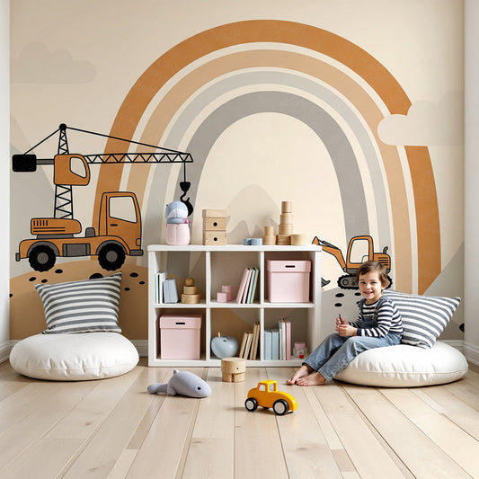 Kids-Mundo rainbow construction wall mural with trucks, made to measure and shown in a soft nursery.