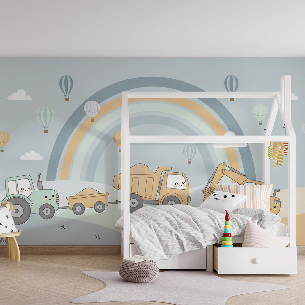 Kids-Mundo rainbow construction wall mural brightening a playroom with trucks and balloons