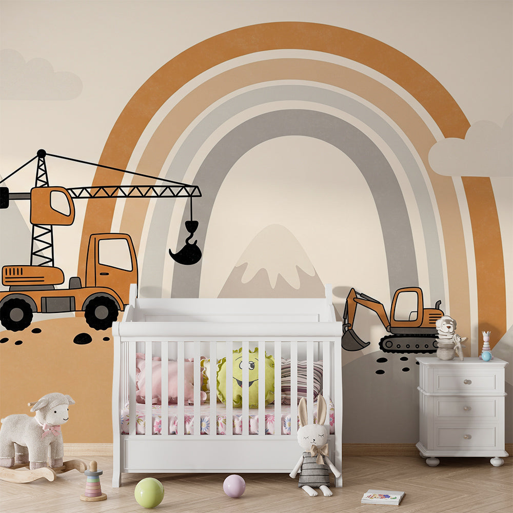 Kids-Mundo rainbow digger and crane mural, made to measure and pictured in a lively kids' playroom.