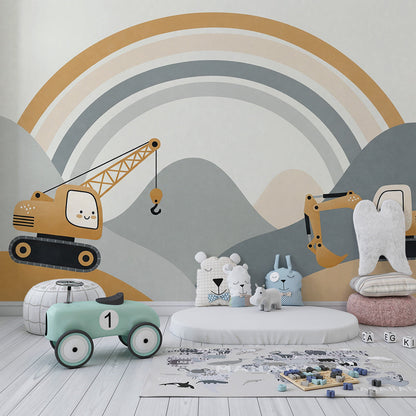 Kids-Mundo rainbow crane and digger wall mural adding colour to a busy children's playroom wall.