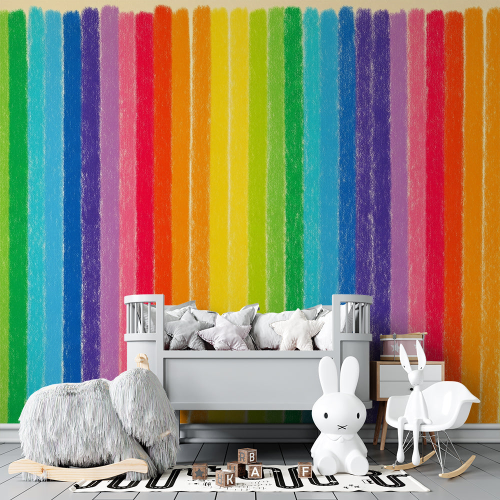 Kids-Mundo rainbow stripe wall mural transforming a colourful kids bedroom feature wall