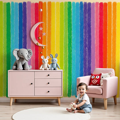 Kids-Mundo rainbow stripe wall mural in a bright, sunny nursery with cot and soft furnishings