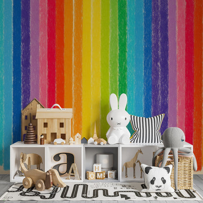 Kids-Mundo rainbow crayon stripe wall mural brightening a playful children's playroom