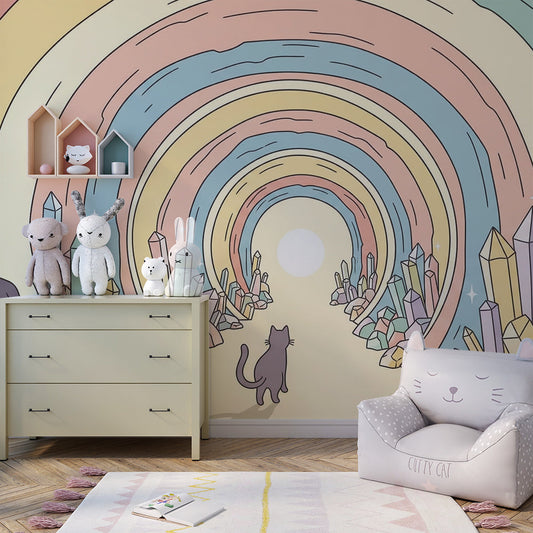 Kids-Mundo crystal tunnel mural styled with a curious cat in a kids bedroom