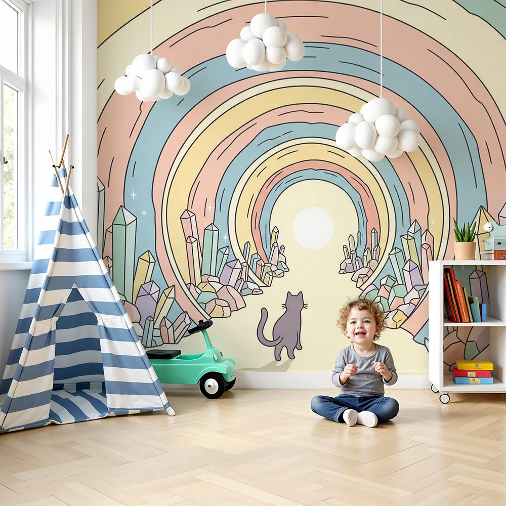 Kids-Mundo rainbow crystal tunnel wall mural made to measure for a playful nursery