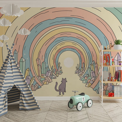 Kids-Mundo rainbow crystal tunnel wallpaper mural bringing adventure to a children's playroom