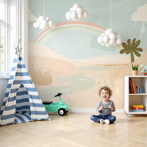 Rainbow desert mural wallpaper creating magical atmosphere in modern nursery room by Kids-Mundo