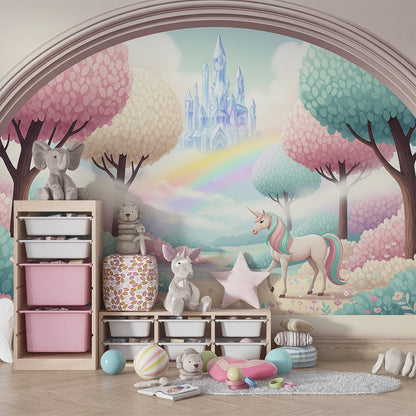 Kids-Mundo rainbow garden unicorn mural mockup displayed on a bright children's playroom wall.