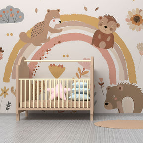Terracotta rainbow and teddy bears mural wallpaper creating magical kids bedroom decor