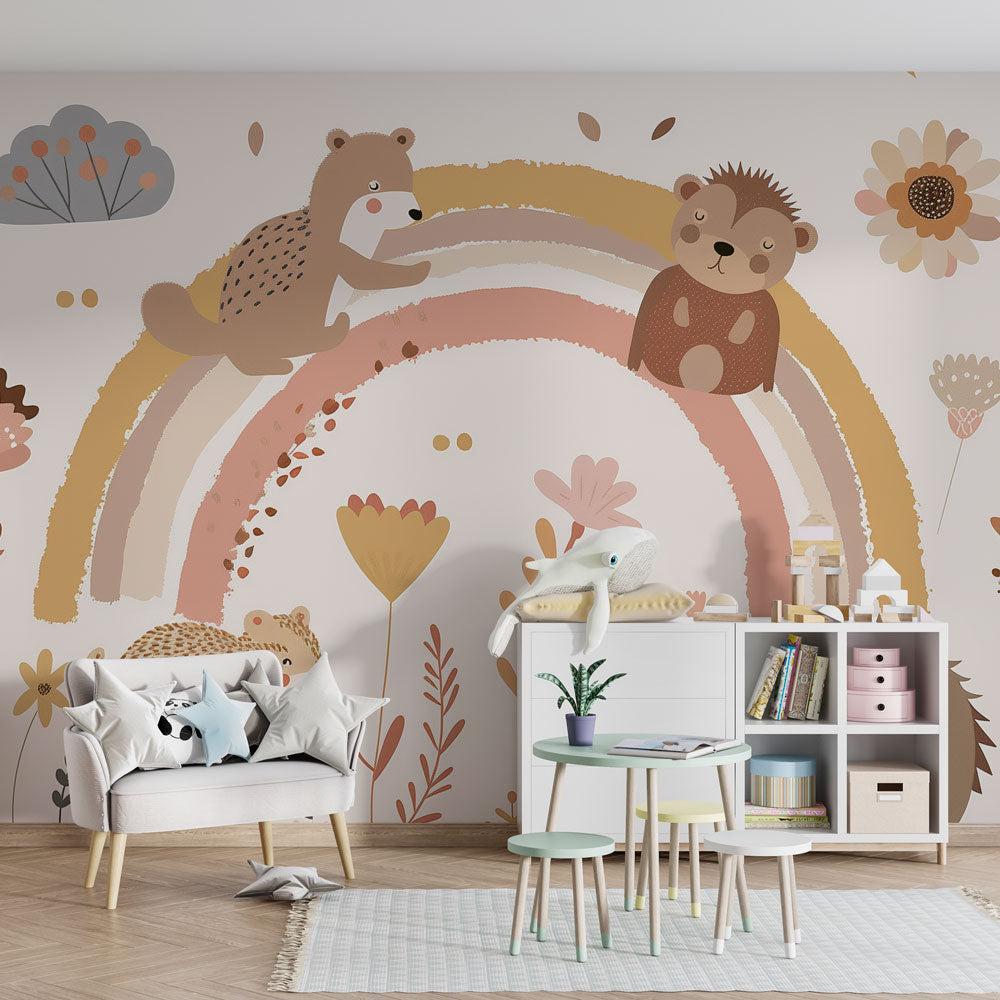 Woodland animal garden wallpaper with blooming flowers in modern children's room setting