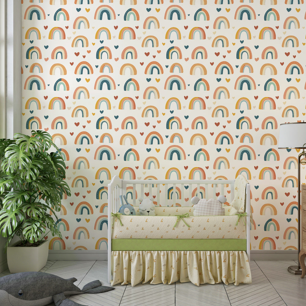 Colorful rainbow and hearts wallpaper creating joyful kids bedroom atmosphere