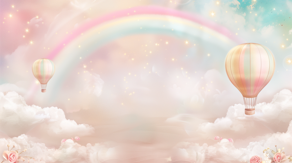 Kids-Mundo flat artwork design for the pastel hot air balloon and rainbow wall mural