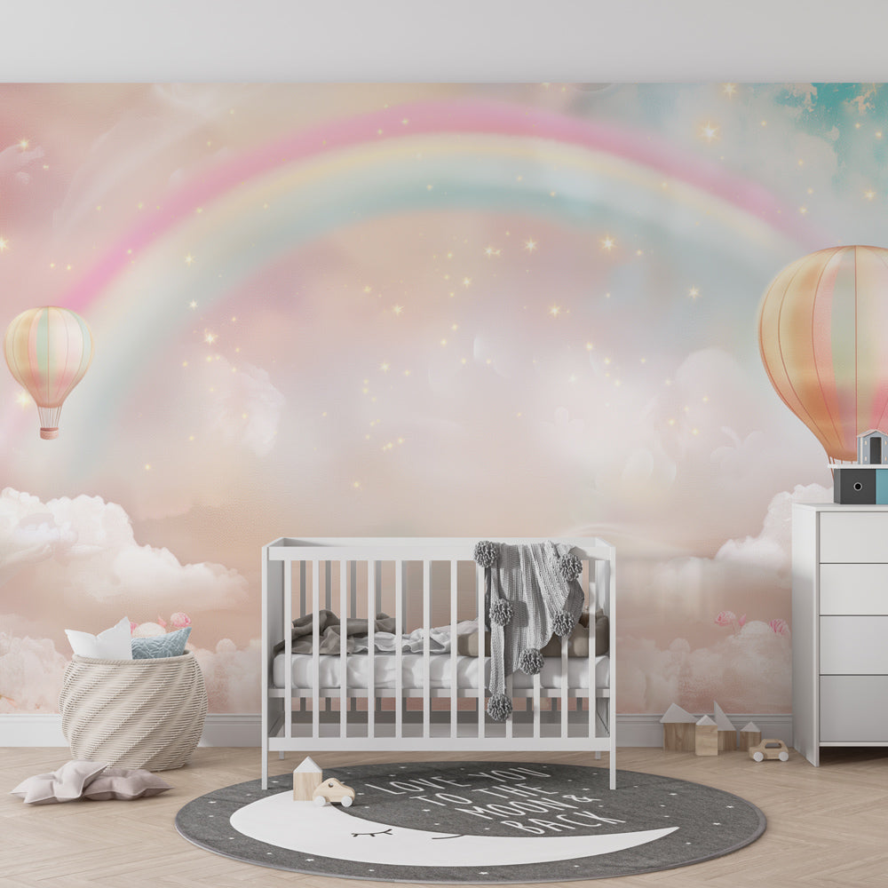 Kids-Mundo rainbow wall mural with hot air balloons brightening a children's playroom wall