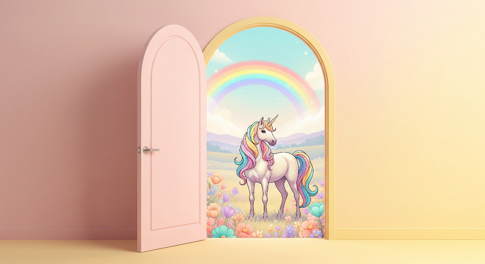 Kids-Mundo flat artwork preview of the rainbow mane unicorn doorway wall mural design.