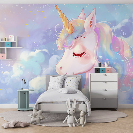 Kids-Mundo rainbow mane unicorn mural on a feature wall in a kids bedroom