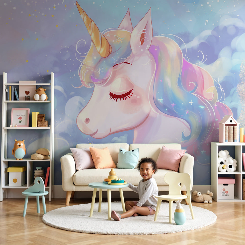 Kids-Mundo unicorn portrait wall mural above a cot in a soft blue nursery