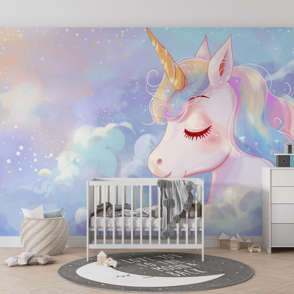 Kids-Mundo dreamy unicorn portrait wall mural adding magic to a children's playroom