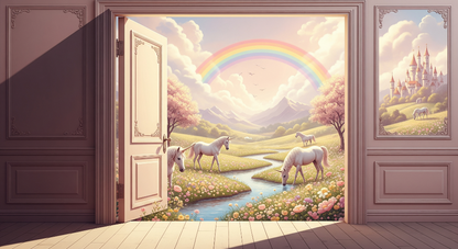 Kids-Mundo flat artwork of the open door to a rainbow unicorn meadow wall mural
