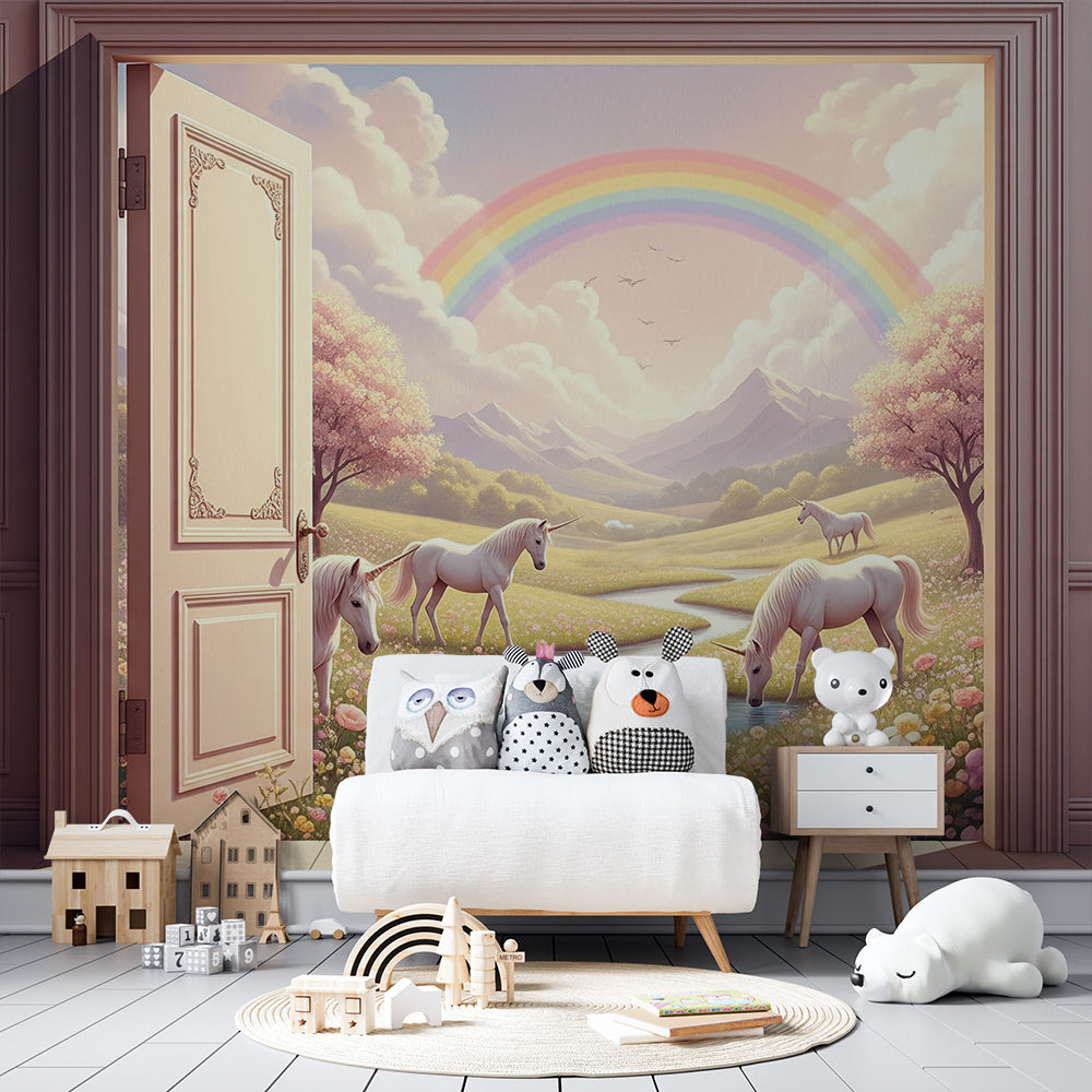 Kids-Mundo unicorn valley mural brightening a playroom with a rainbow and grazing unicorns