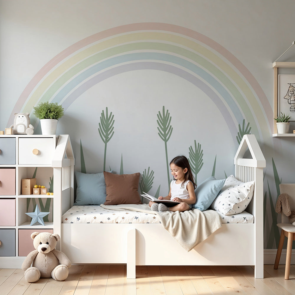 Kids-Mundo pastel rainbow wall mural styled behind a cot in a calm, gender-neutral nursery
