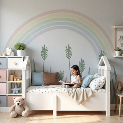 Kids-Mundo pastel rainbow wall mural styled behind a cot in a calm, gender-neutral nursery