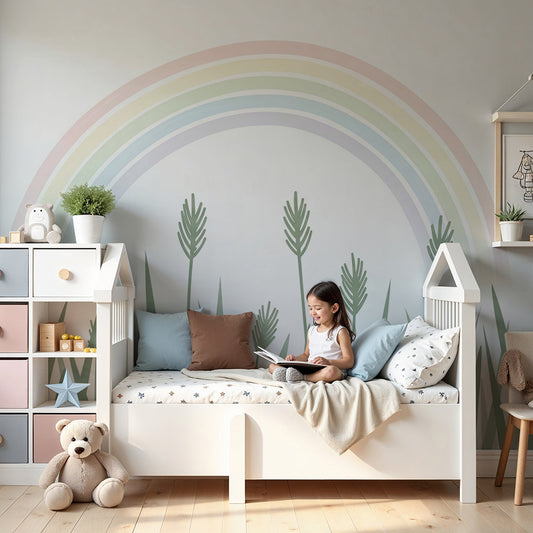 Kids-Mundo pastel rainbow wall mural styled behind a cot in a calm, gender-neutral nursery