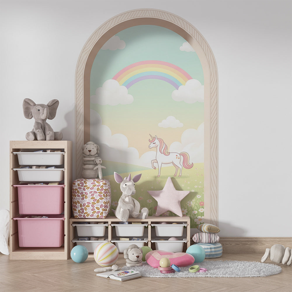 Kids-Mundo unicorn wall mural featuring a pastel rainbow arch, styled in a child's bedroom.