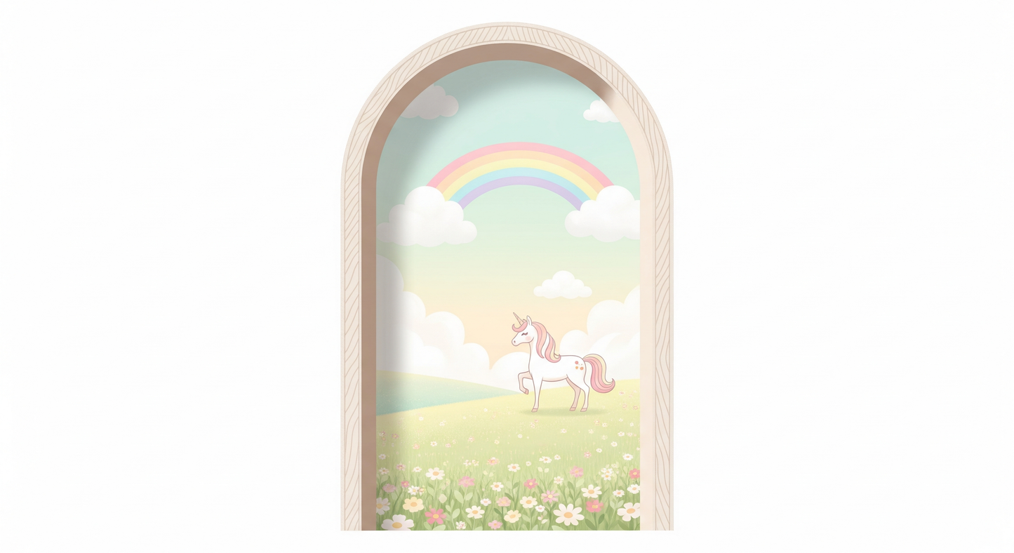Kids-Mundo flat artwork preview of the rainbow meadow unicorn arch wall mural design.