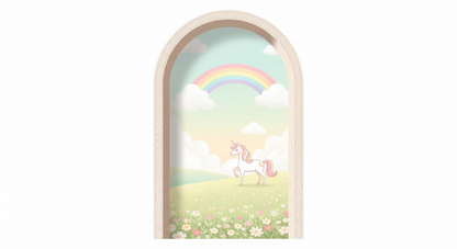 Kids-Mundo flat artwork preview of the rainbow meadow unicorn arch wall mural design.