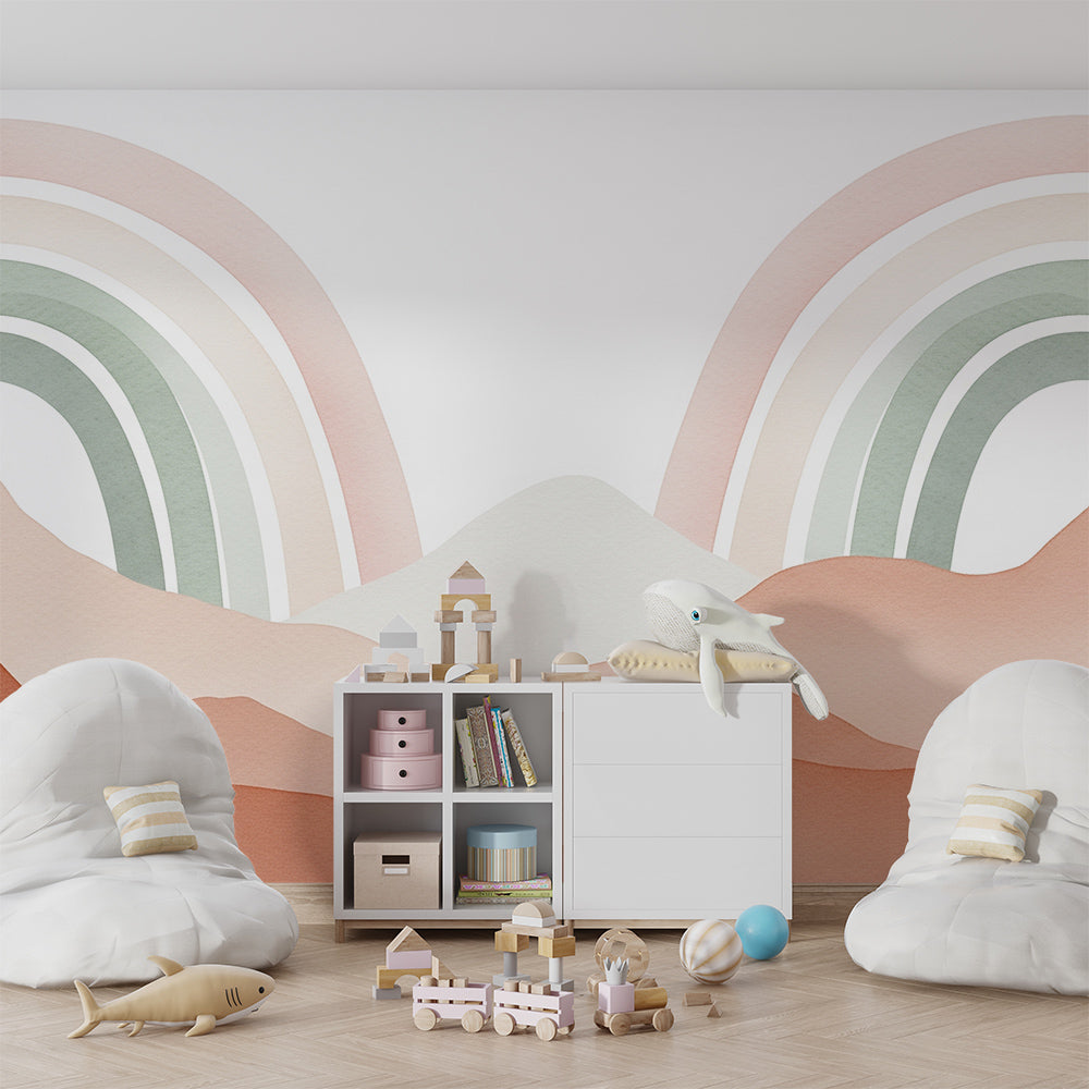 Kids-Mundo rainbow mountains wall mural above a single bed in a kids bedroom