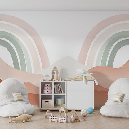 Kids-Mundo rainbow mountains wall mural above a single bed in a kids bedroom