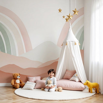 Kids-Mundo watercolour rainbow mountains wall mural covering a nursery feature wall