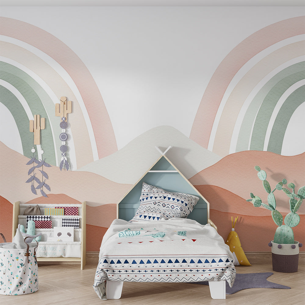 Kids-Mundo terracotta rainbow mountains wall mural covering a playroom feature wall