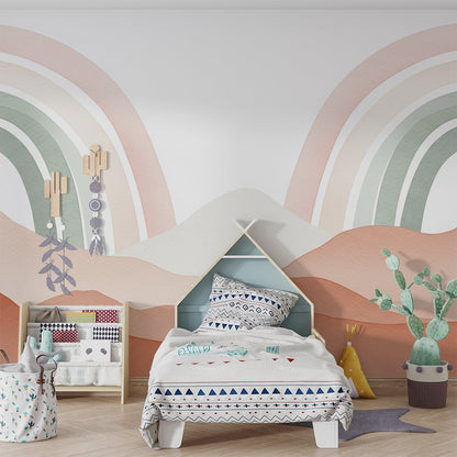 Kids-Mundo terracotta rainbow mountains wall mural covering a playroom feature wall