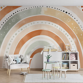 Multicolored rainbow wallpaper with gentle pastels in modern baby bedroom decor