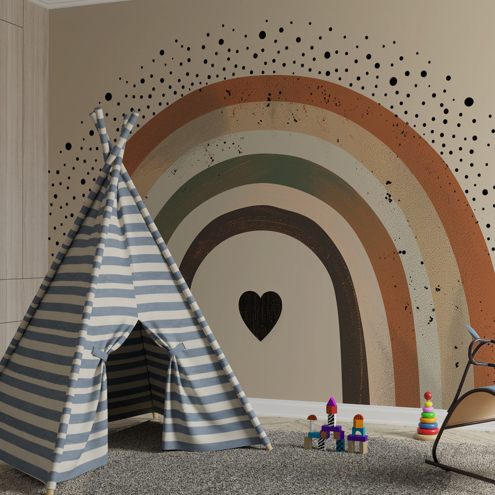 Warm-toned rainbow wallpaper creating peaceful atmosphere in baby nursery with natural decor