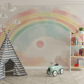 Rainbow watercolor wallpaper creating peaceful atmosphere in children's bedroom decor by Kids-Mundo