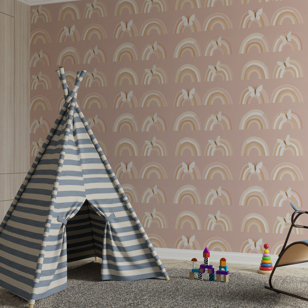 Soft pastel rainbow wallpaper with butterflies decorating modern children's bedroom interior