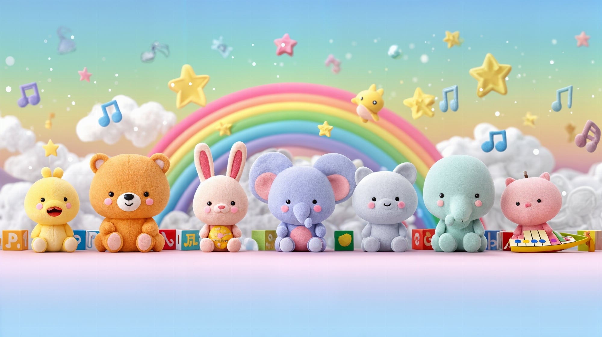 Rainbow mural wallpaper design pattern featuring plush animals and musical notes by Kids-Mundo