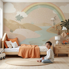 Rainbow mural wallpaper creating enchanted oasis atmosphere in modern nursery by Kids-Mundo