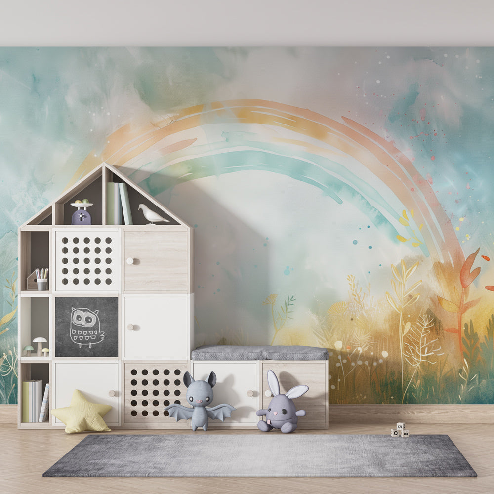 Enchanted meadow rainbow wallpaper for dreamy kids room decor by Kids-Mundo