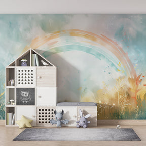Enchanted meadow rainbow wallpaper for dreamy kids room decor by Kids-Mundo