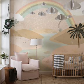 Enchanted rainbow wallpaper with magical rain in cozy children's bedroom decor