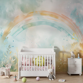 Rainbow meadow wallpaper transforming children's bedroom into enchanted space