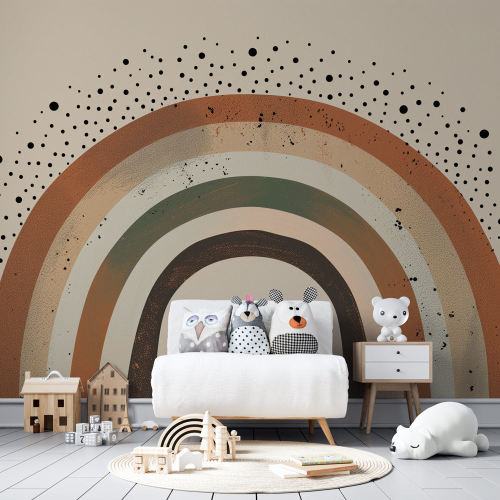 Minimalist rainbow wallpaper with heart accents enhancing cozy nursery interior design